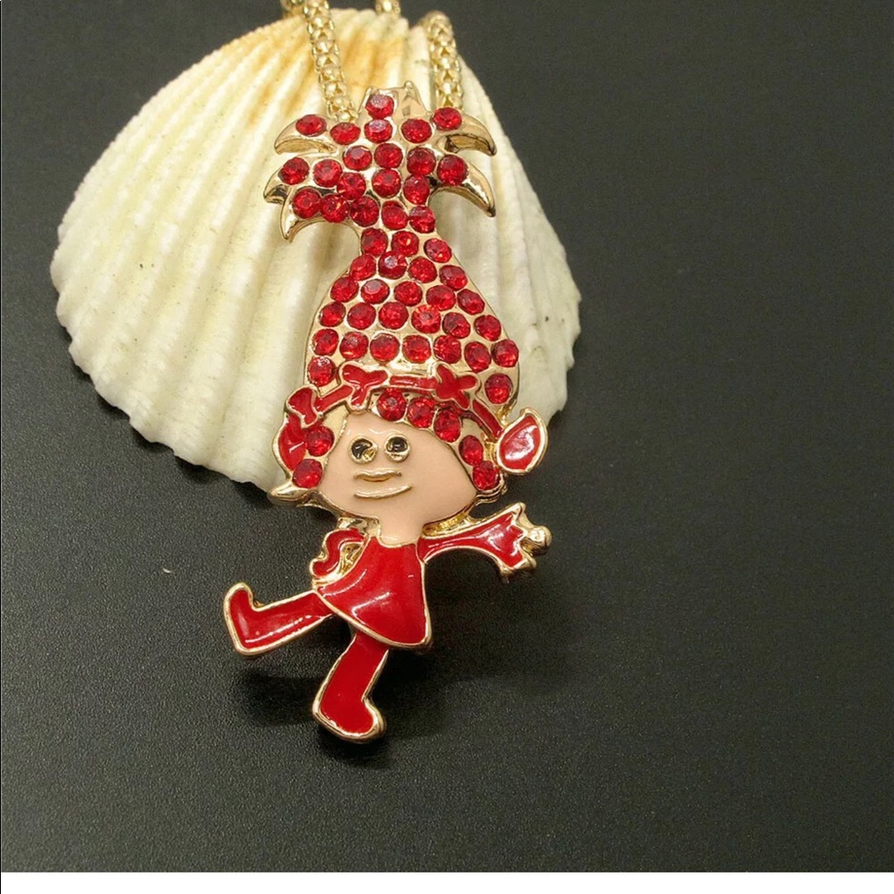 Crystal Red Girl Poppy Troll Necklace/ Brooch Pin